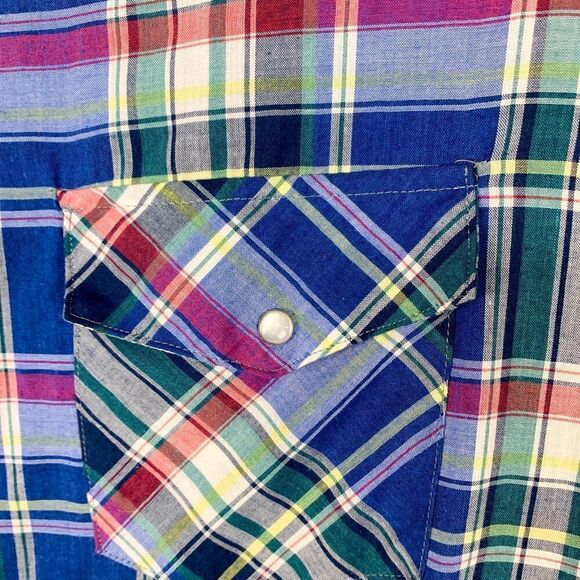 Western Fashions Shirt Mens Medium Blue Green Plaid Cowboy Pearl Snap Farm Ranch - Picture 4 of 12